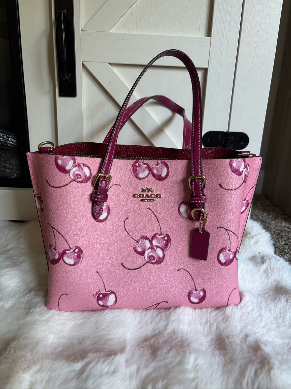 Coach Pink Cherry Print Leather Tote with Berry Accents